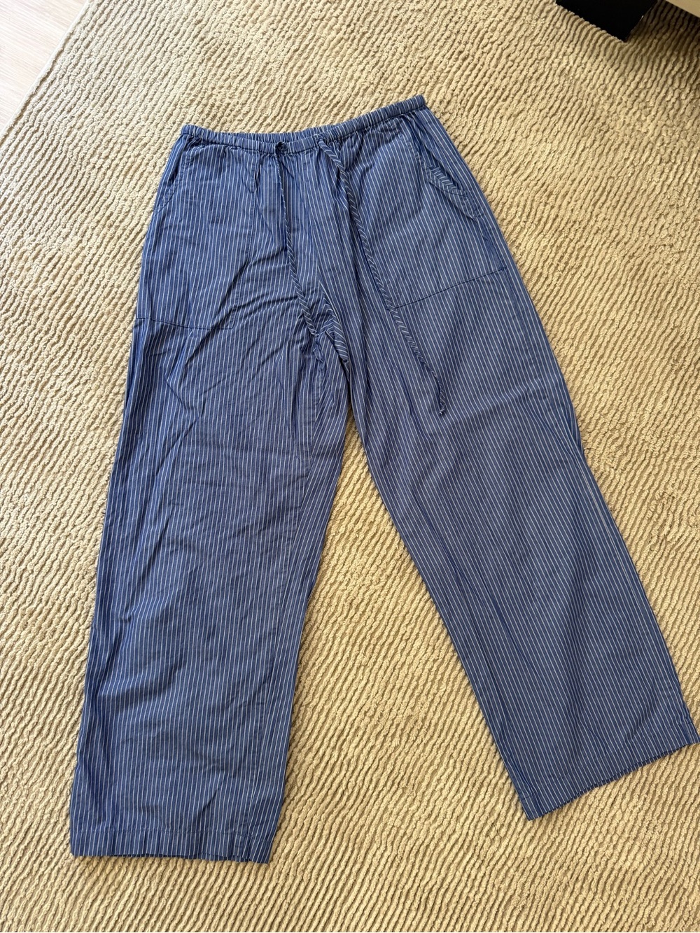 DONNI. Blue Pinstriped Cropped Wide-Leg Pants